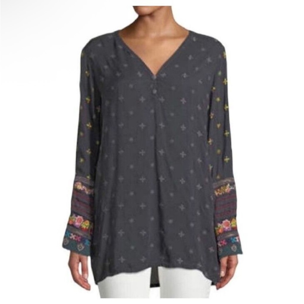 Johnny Was Boho Tunic Top Woman Eyelet Fairy Floral Rainbow Embroider Slate XS